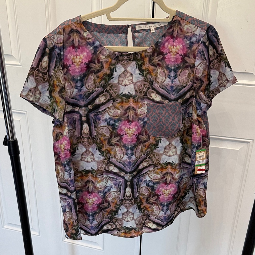 RACHEL Rachel Roy Purple Multicolor Floral-Print Short Sleeve Blouse